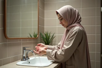 Jeune femme musulmane en hijab effectuant wudu dans la salle de bain