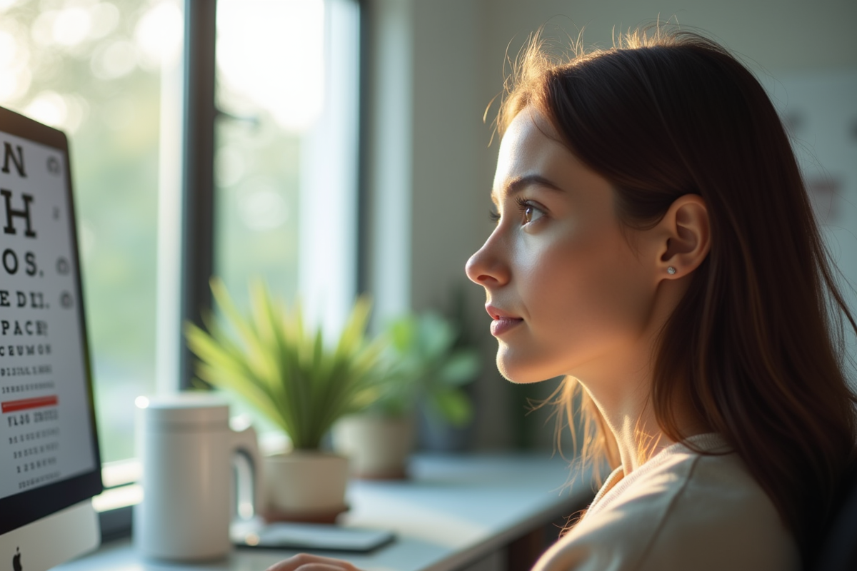 Jeune femme regardant un tableau optique dans un cabinet