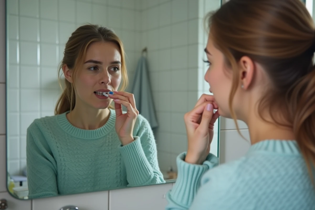 Jeune femme vérifiant ses dents dans un miroir de salle de bain