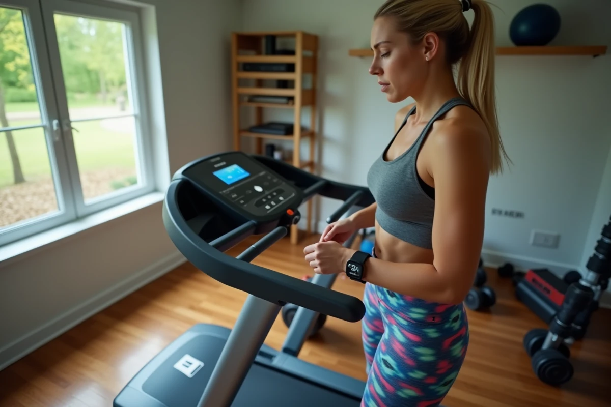 Jeune femme comptant ses pas sur un tapis de course à la maison