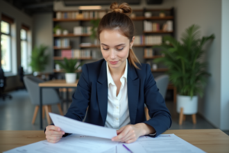 Jeune femme professionnelle au bureau en train de revoir des documents