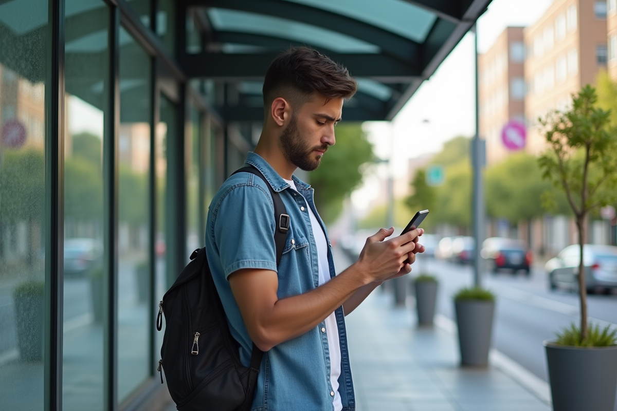 Jeune homme en tenue décontractée lit un article sur la santé à un arrêt de bus