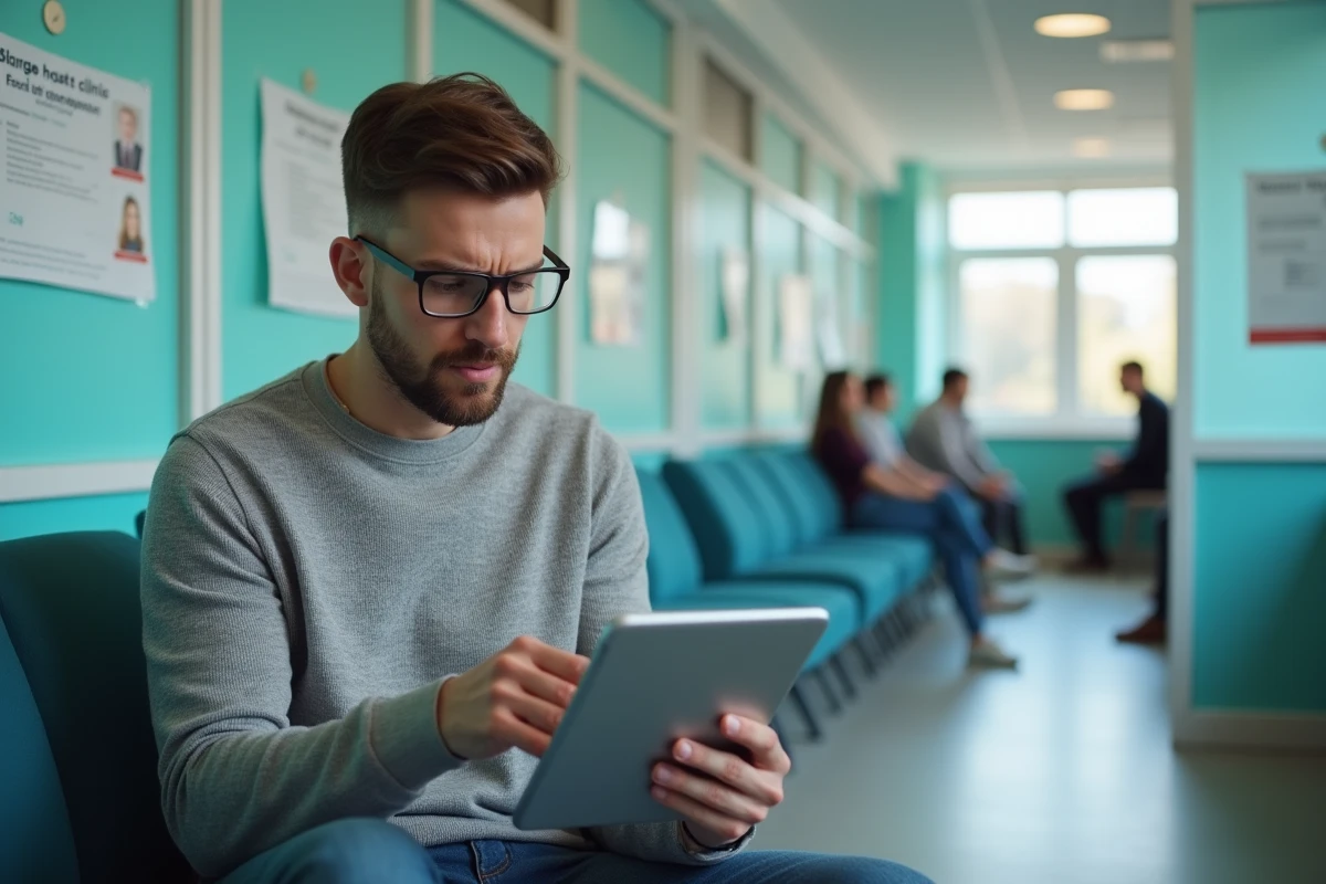 Jeune homme regardant une tablette dans une salle d