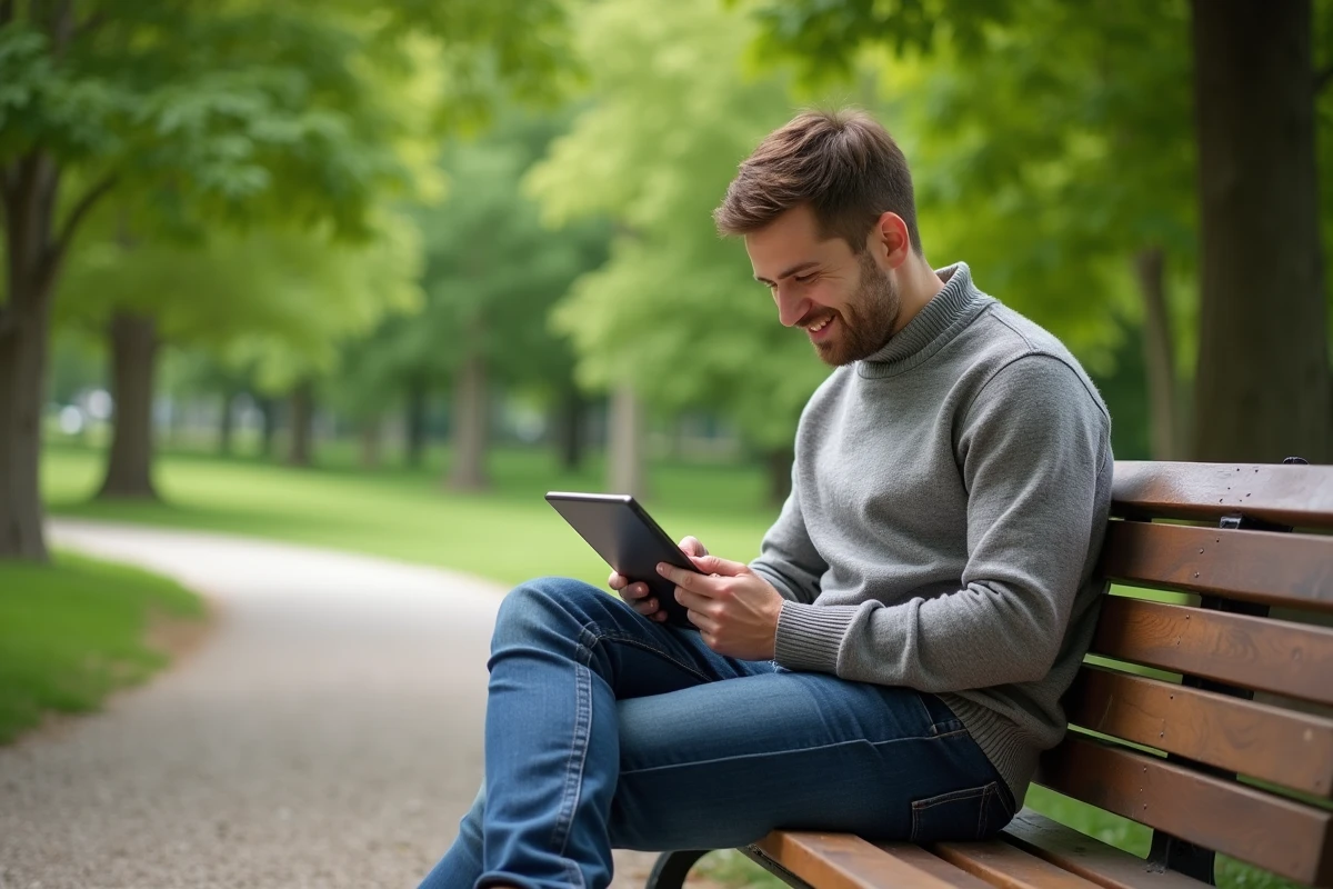 Jeune homme dans un parc consultant des informations santé sur une tablette