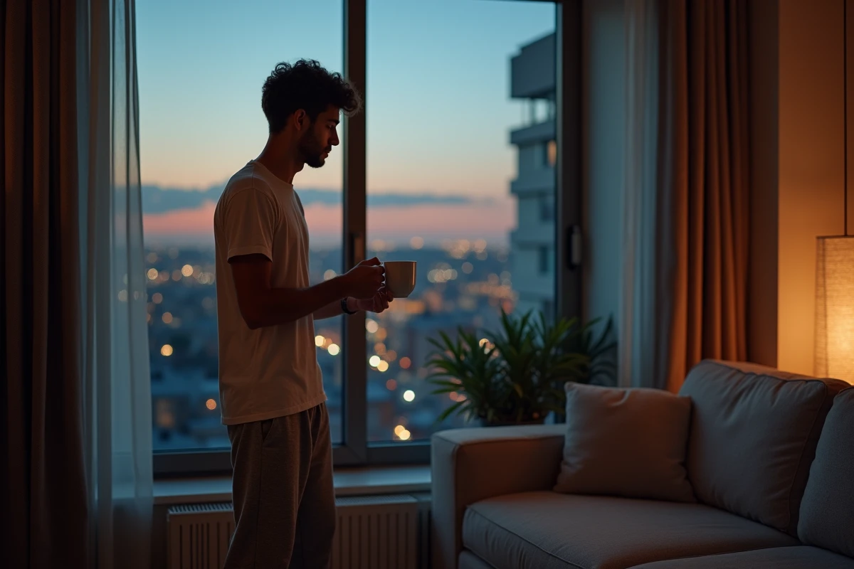 Jeune homme versant du thé en regardant par la fenêtre au crépuscule