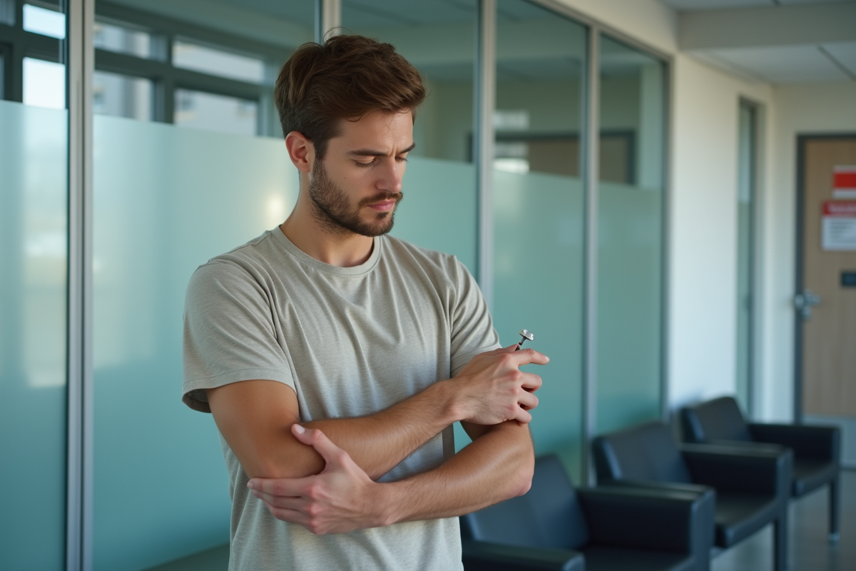 Jeune homme décidant quelle bras utiliser pour la vaccination