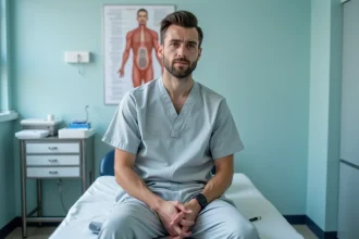 Jeune homme adulte assis sur une table d'examen médical dans un cabinet de consultation, exprimant une légère inquiétude