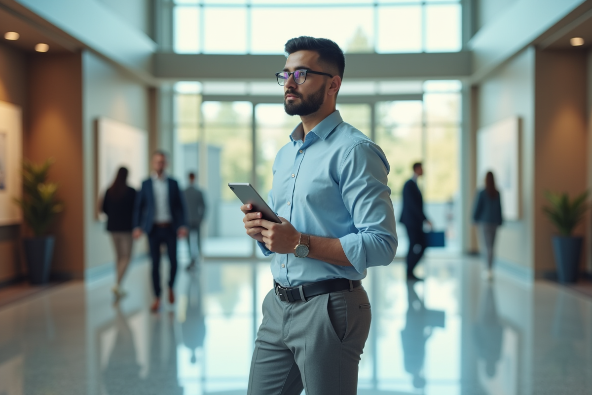 Jeune stagiaire homme dans le hall d