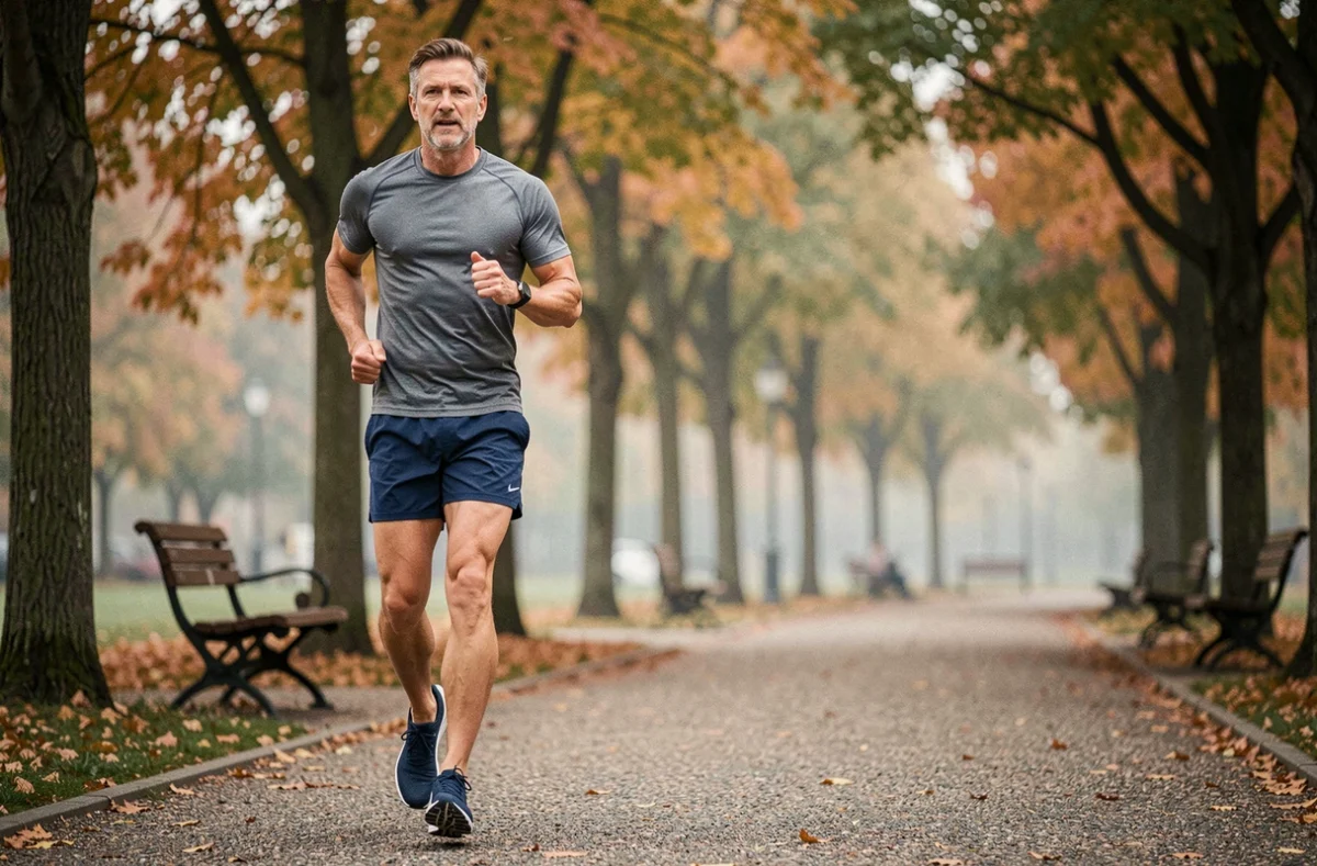 Homme en train de courir dans un parc urbain dans le cadre d'un programme de perte de poids rapide et sûre