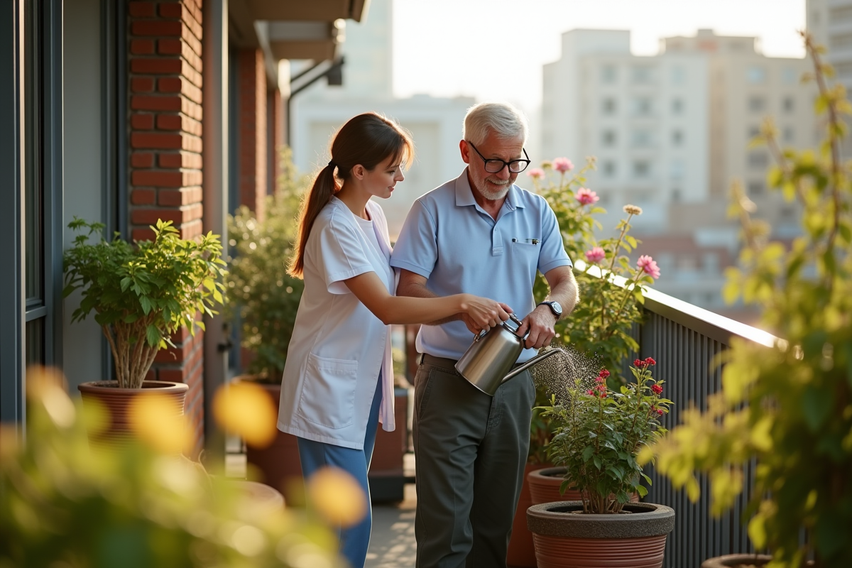 Jeune femme aidant un senior à arroser plantes sur terrasse