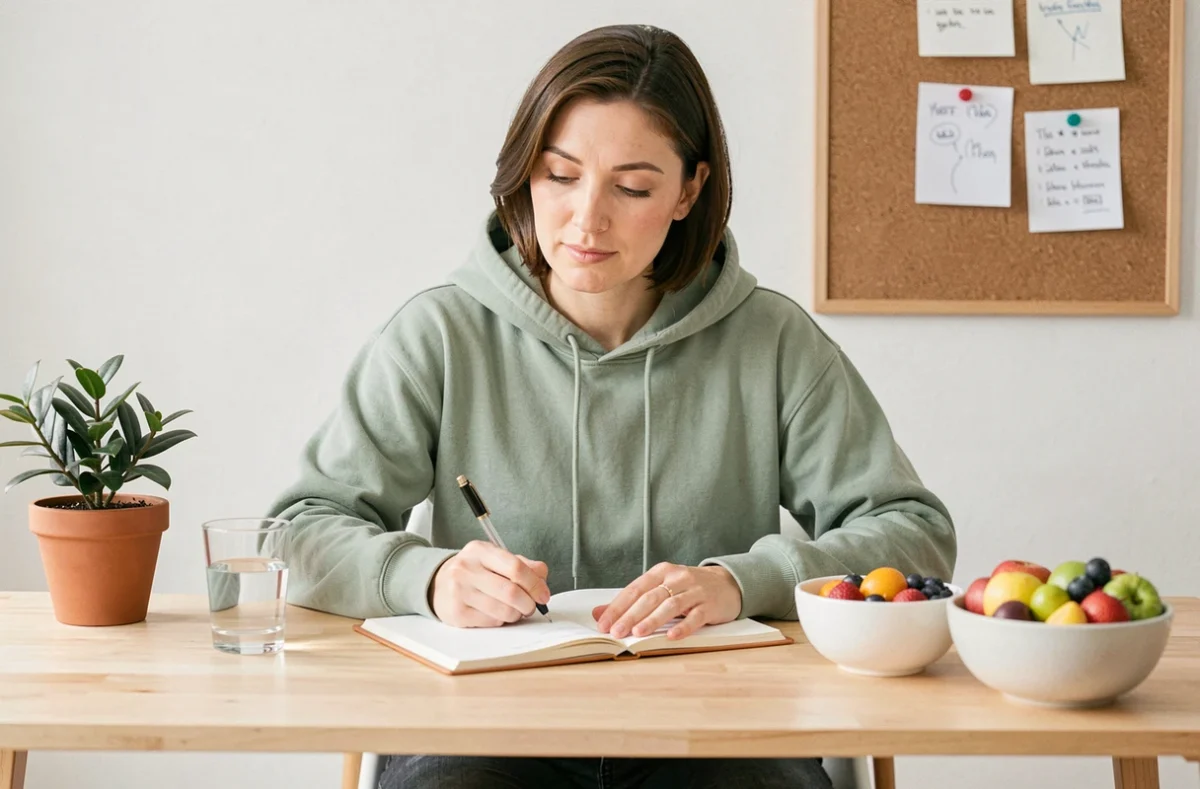 Femme tenant un journal nutritionnel avec des fruits frais pour suivre une méthode de perte de poids progressive
