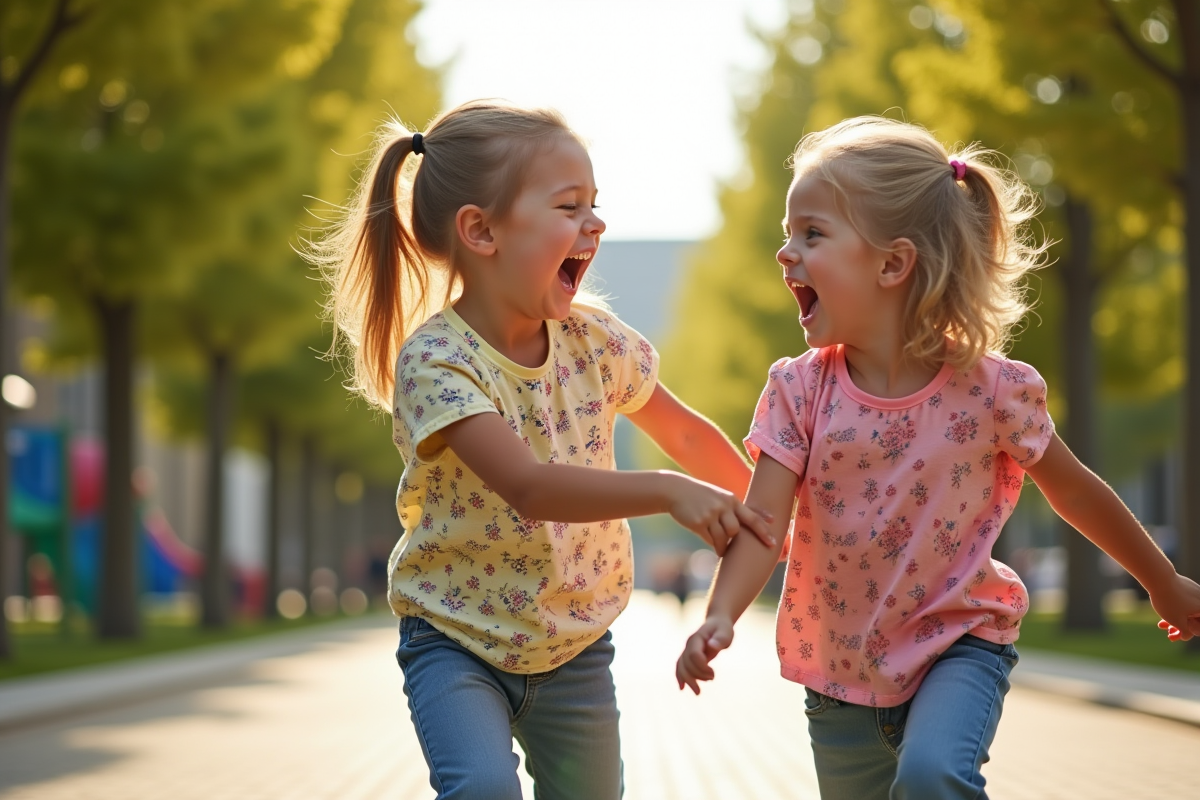 Jumeaux jouant dans un parc ensoleille avec des sourires