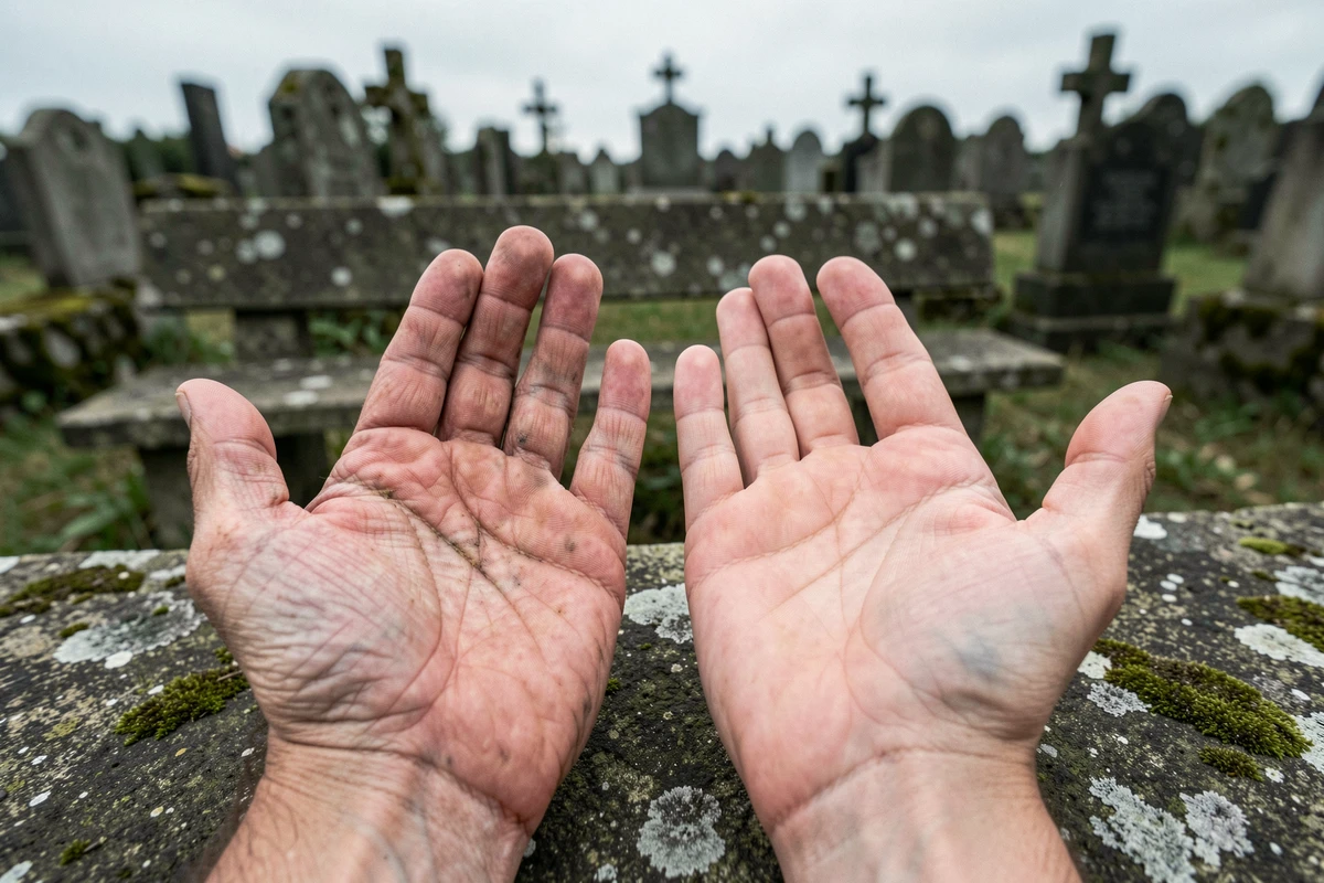 Deux mains côte à côte dans un cimetière ancien symbolisant l'âge, la mort et les lignes de vie