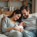 Jeune maman allaitant son bébé dans un salon chaleureux