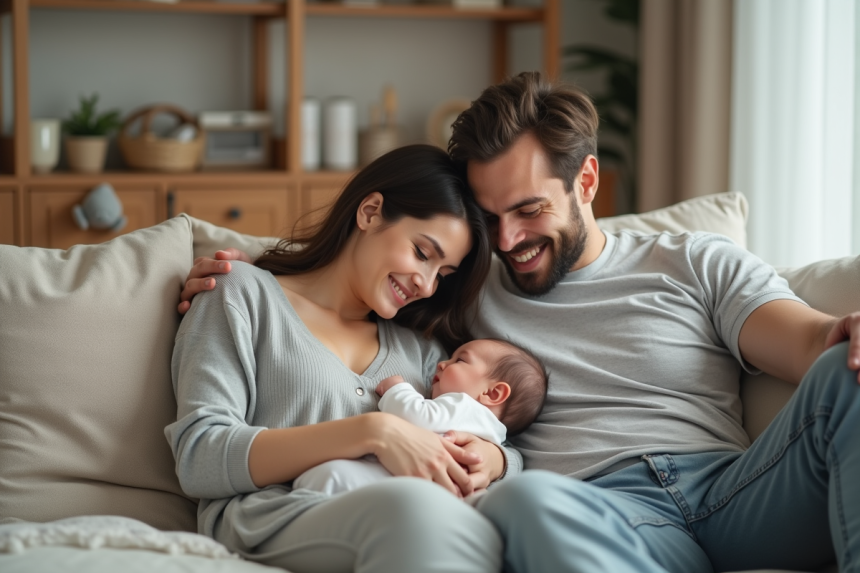 Jeune maman allaitant son bébé dans un salon chaleureux