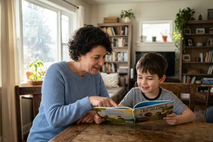 Maman et enfant lisant un livre dans la cuisine lumineuse