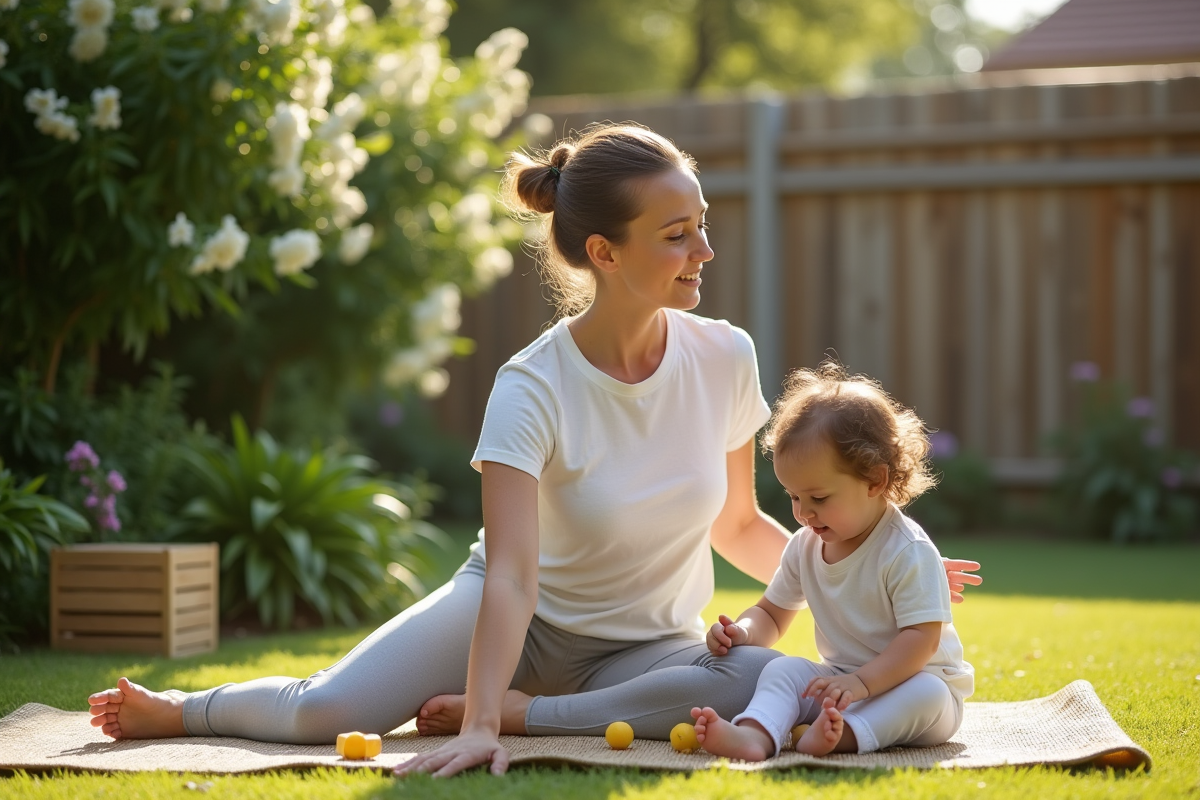 Maman faisant du yoga avec son enfant dans un jardin ensoleille