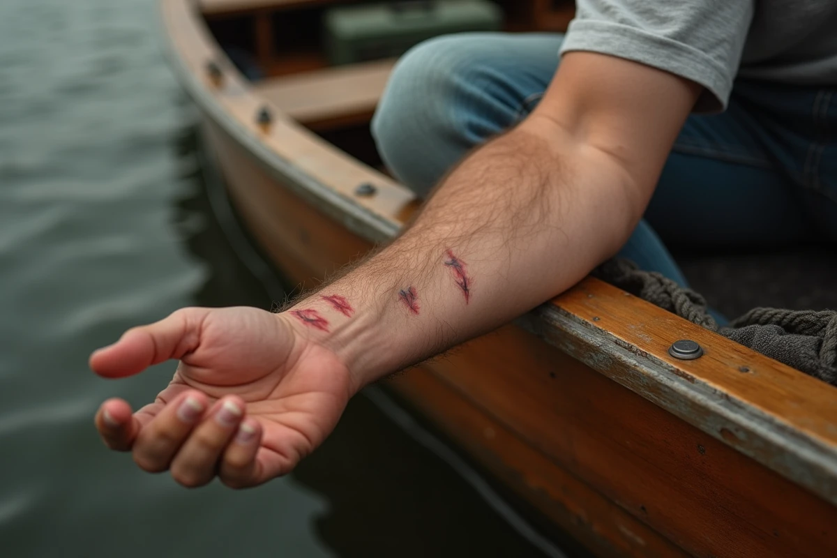 Gros plan sur l'avant-bras d'un pêcheur avec marques superficielles causées par les dents d'un brochet