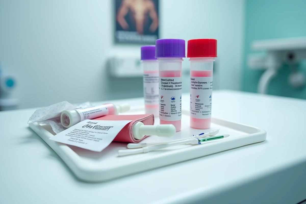Matériel de prélèvement sanguin disposé sur un plateau médical stérile en laboratoire