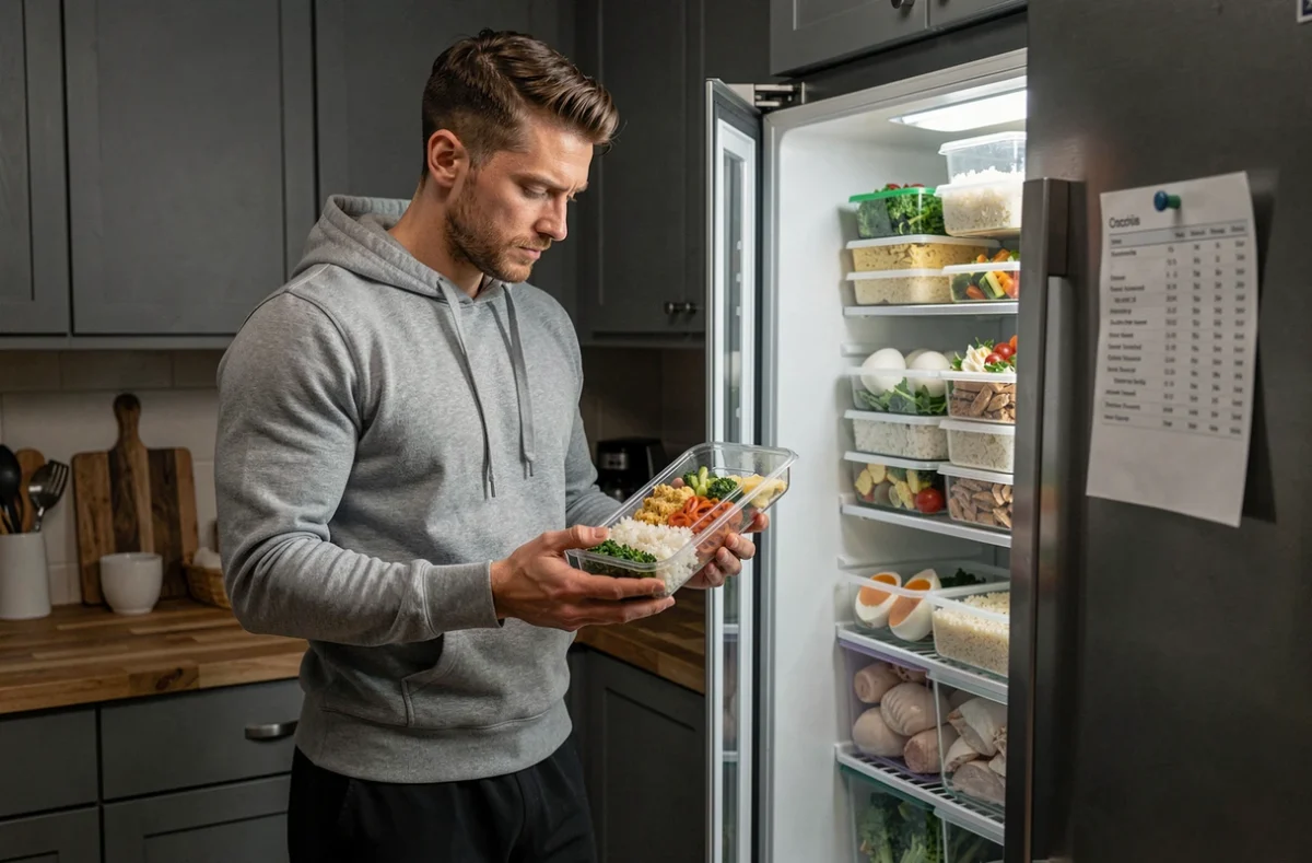 Homme sportif organisant ses repas préparés pour une semaine de prise de masse devant un réfrigérateur bien rempli