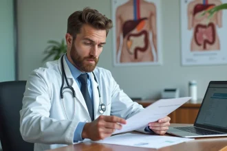 Médecin gastro-entérologue analysant les résultats d'une prise de sang avec des taux de transaminases SGPT élevés dans un cabinet médical moderne