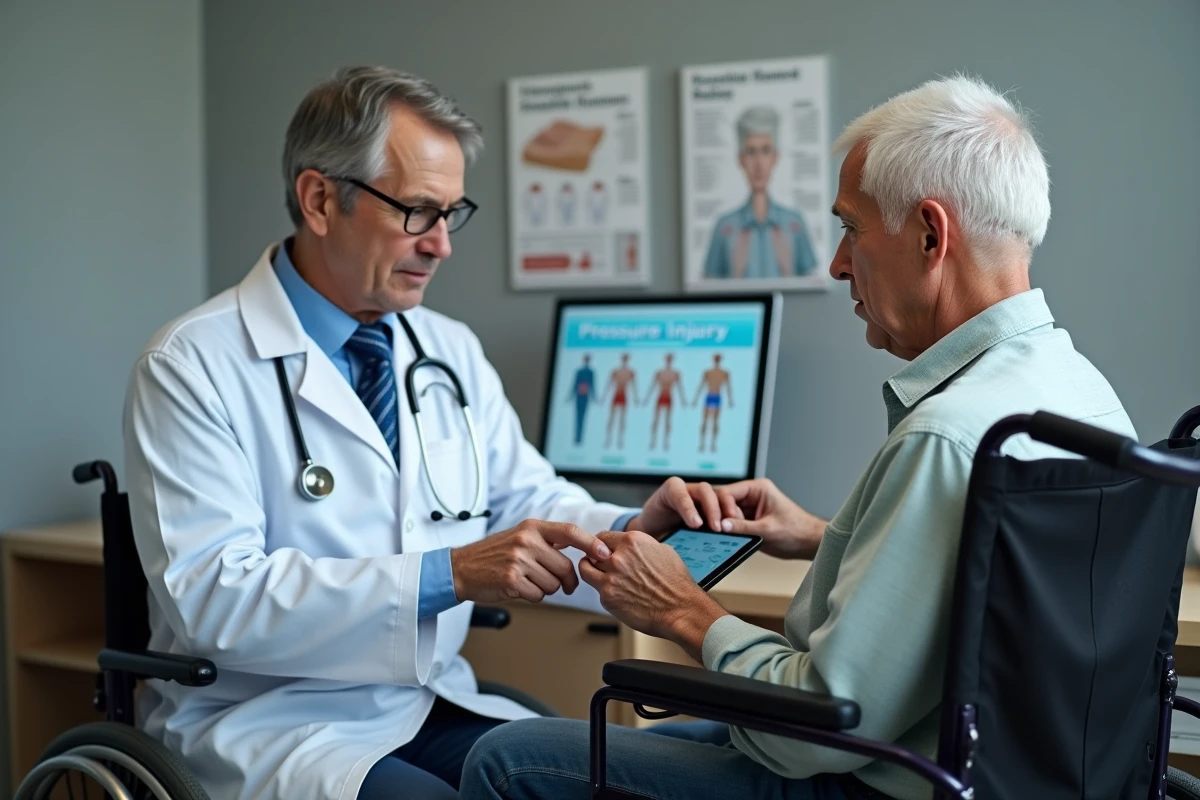 Médecin en consultation expliquant les stades d'escarre à un patient âgé en fauteuil roulant