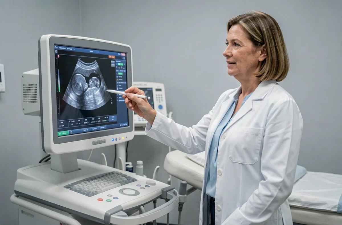 Médecin obstétricien expliquant la différence entre semaines d'aménorrhée et semaines de grossesse devant un écran d'échographie