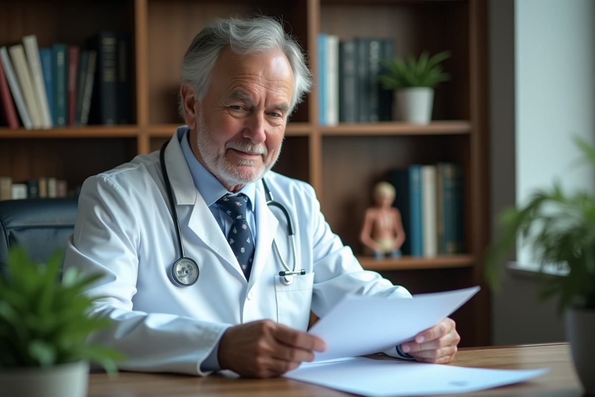 Endocrinologue attentif examinant un dossier médical dans son bureau