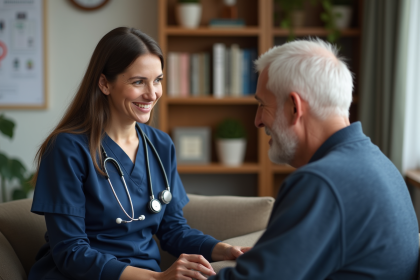 Medecin femme écoute patient age dans consultation chaleureuse