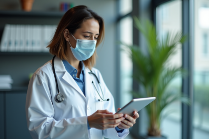 Medecin femme en blanc examine une carte mondiale des maladies