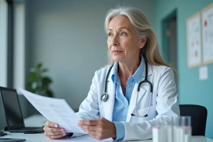 Medecin femme en consultation avec rapport medical