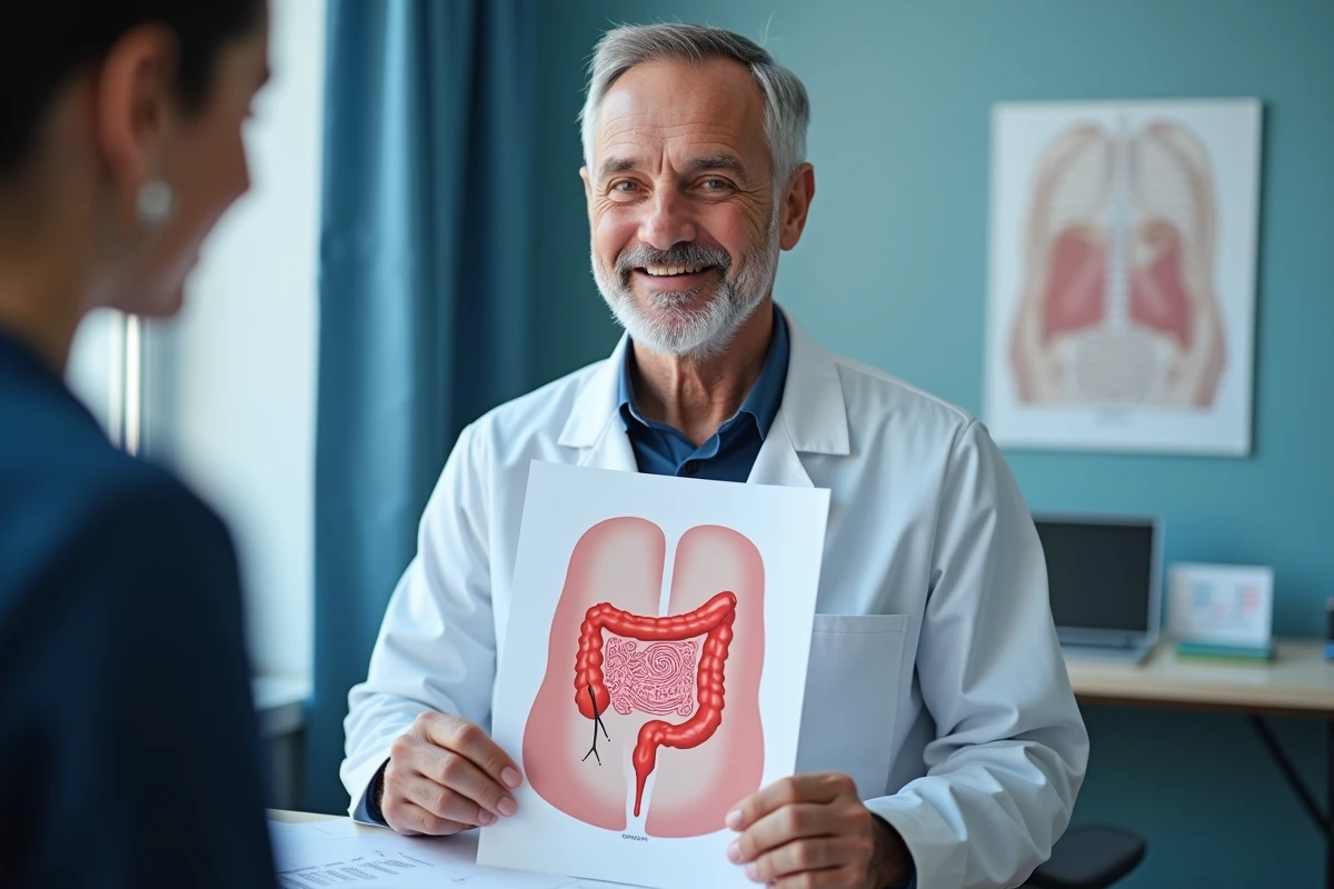 Medecin tenant une illustration du colon avec polypes