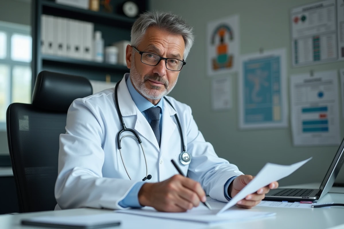 Medecin en train d écrire une ordonnance dans son bureau