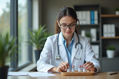 Medecin femme organise des flacons de vaccins en laboratoire