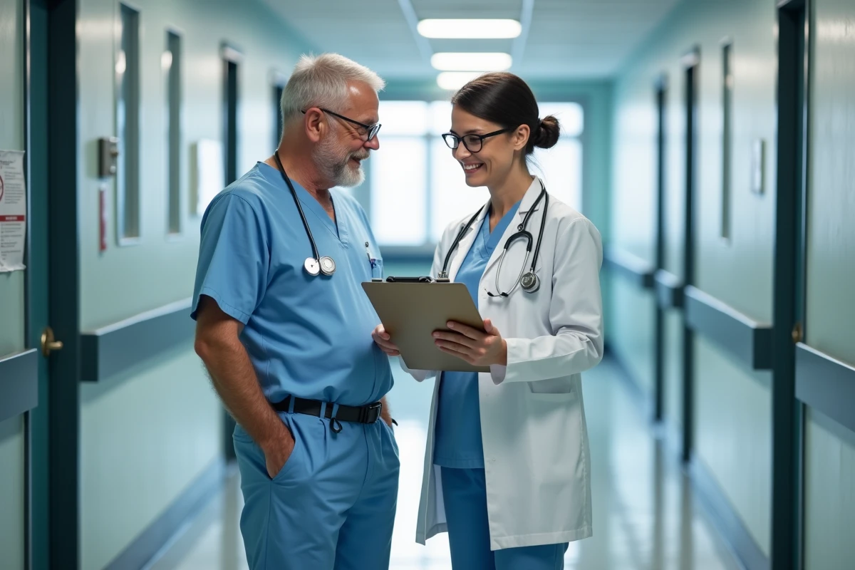 Deux médecins en uniforme discutant dans un couloir d
