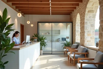 Réception d'un cabinet dentaire moderne en Dordogne avec accueil chaleureux et architecture périgourdine