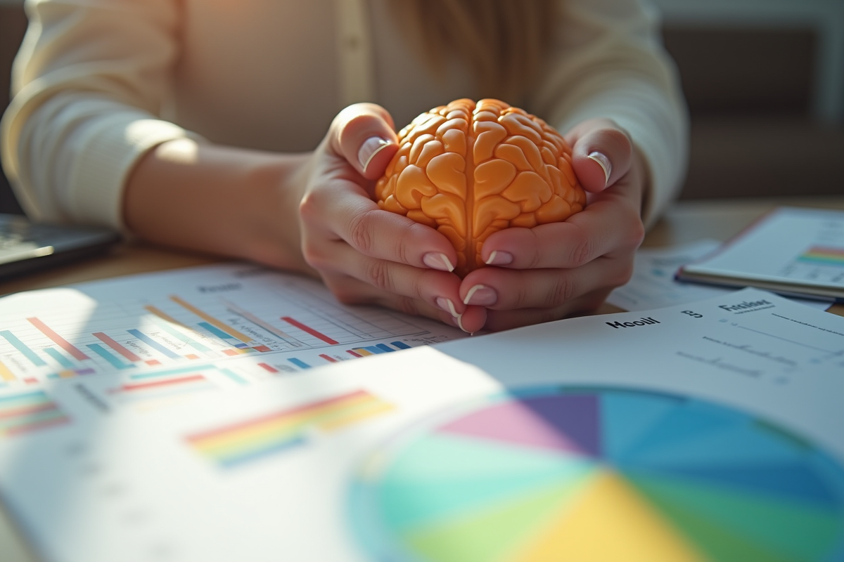 Mains tenant modele de cerveau et graphique de suivi mental sur bureau