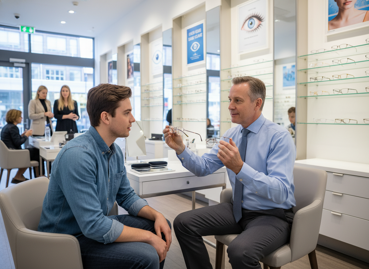 Opticien conseillant un jeune client dans un magasin moderne