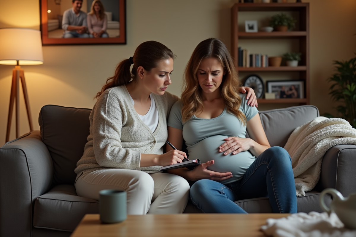 Partenaire soutenant une femme enceinte dans un salon chaleureux