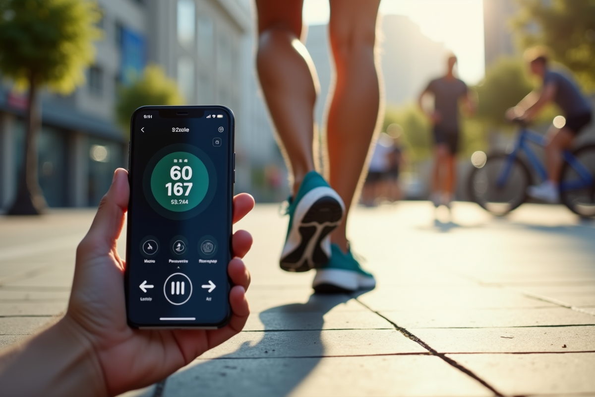 Pieds en chaussures de course sur trottoir urbain avec compteur digital
