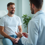 Patient homme en consultation dermatologique dans une clinique moderne