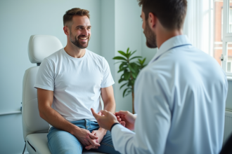 Patient homme en consultation dermatologique dans une clinique moderne