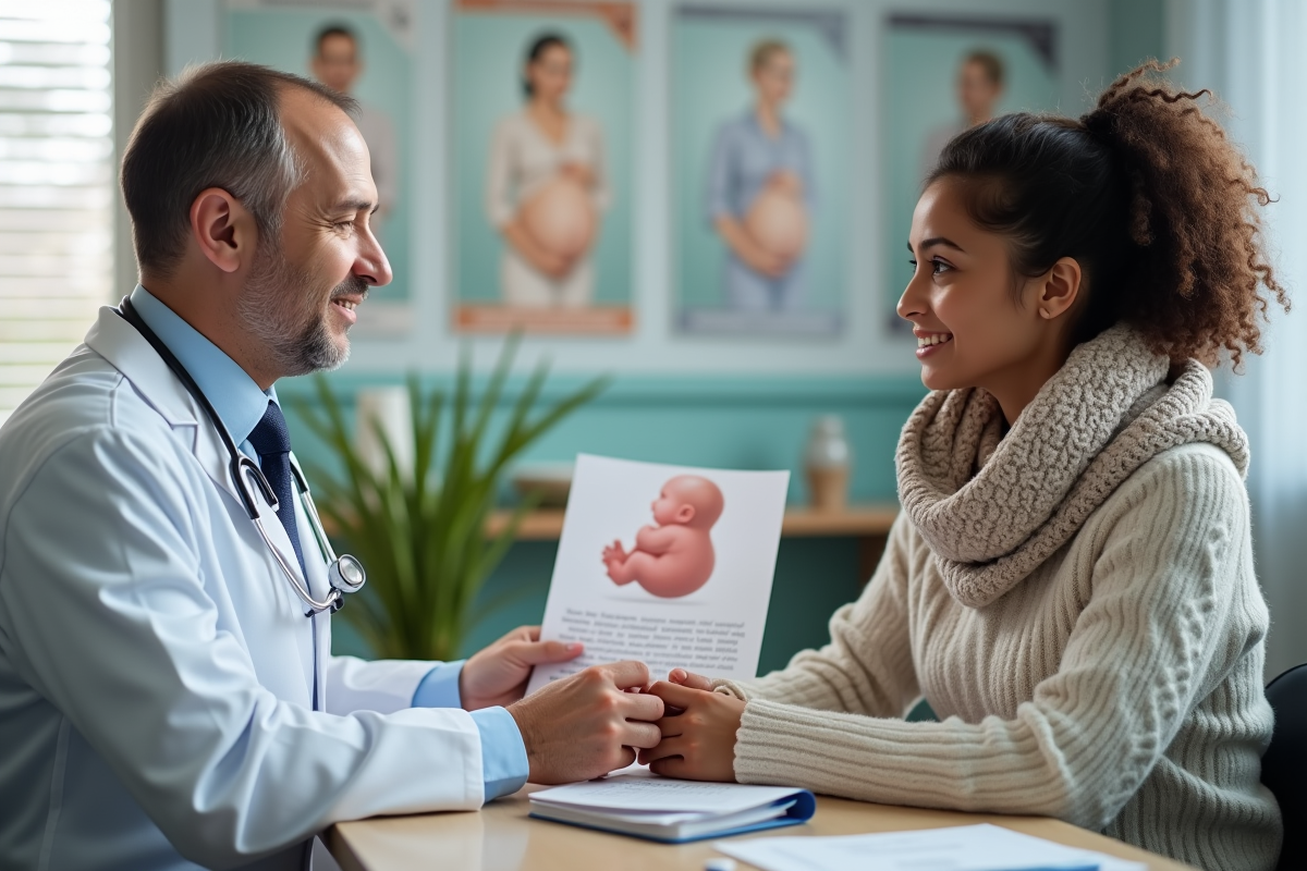 Pediatre expliquant un document à un couple enceinte
