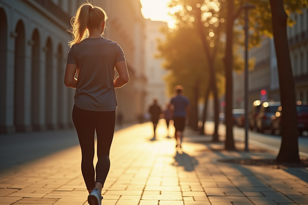 Personne en tenue sportive vérifiant un tracker fitness en marchant