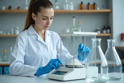 Chercheuse en blouse blanche pesant un soluté solide sur une balance analytique dans un laboratoire de chimie universitaire