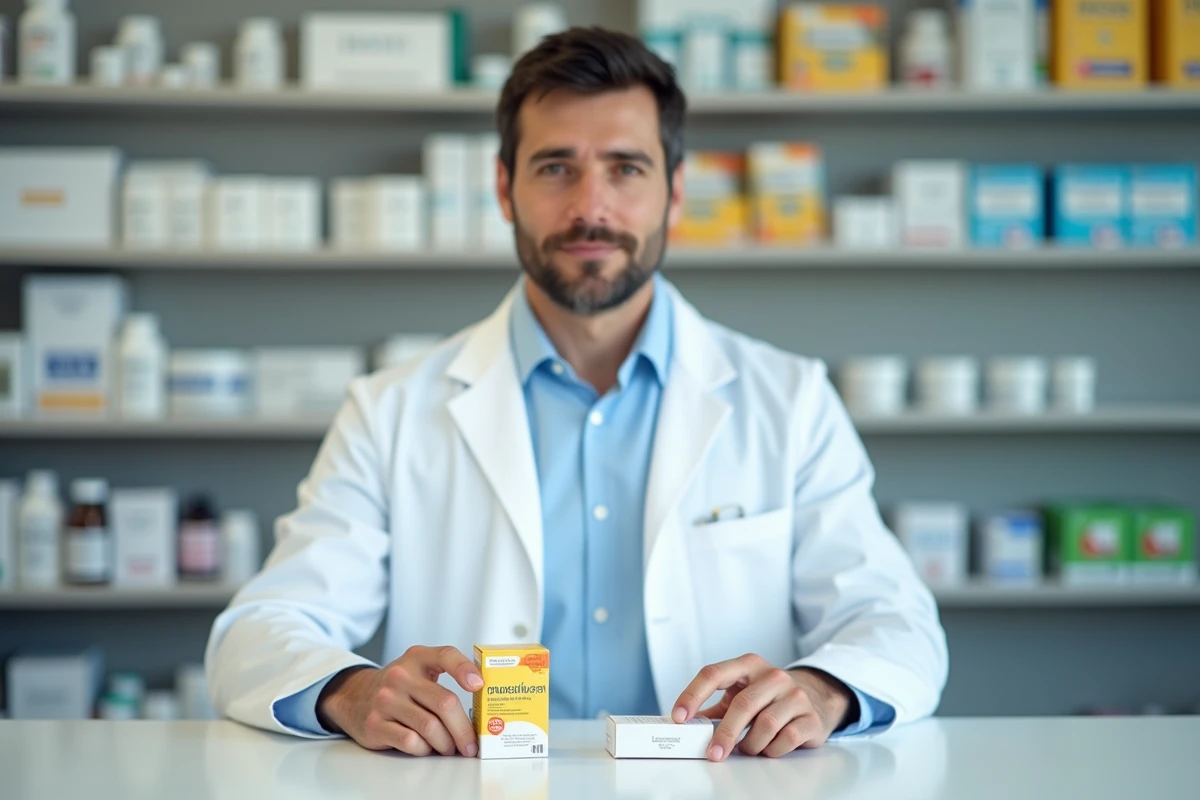 Pharmacien présentant des boîtes de probiotiques dont Ultra Levure sur un comptoir de pharmacie pour aider au choix pendant les antibiotiques