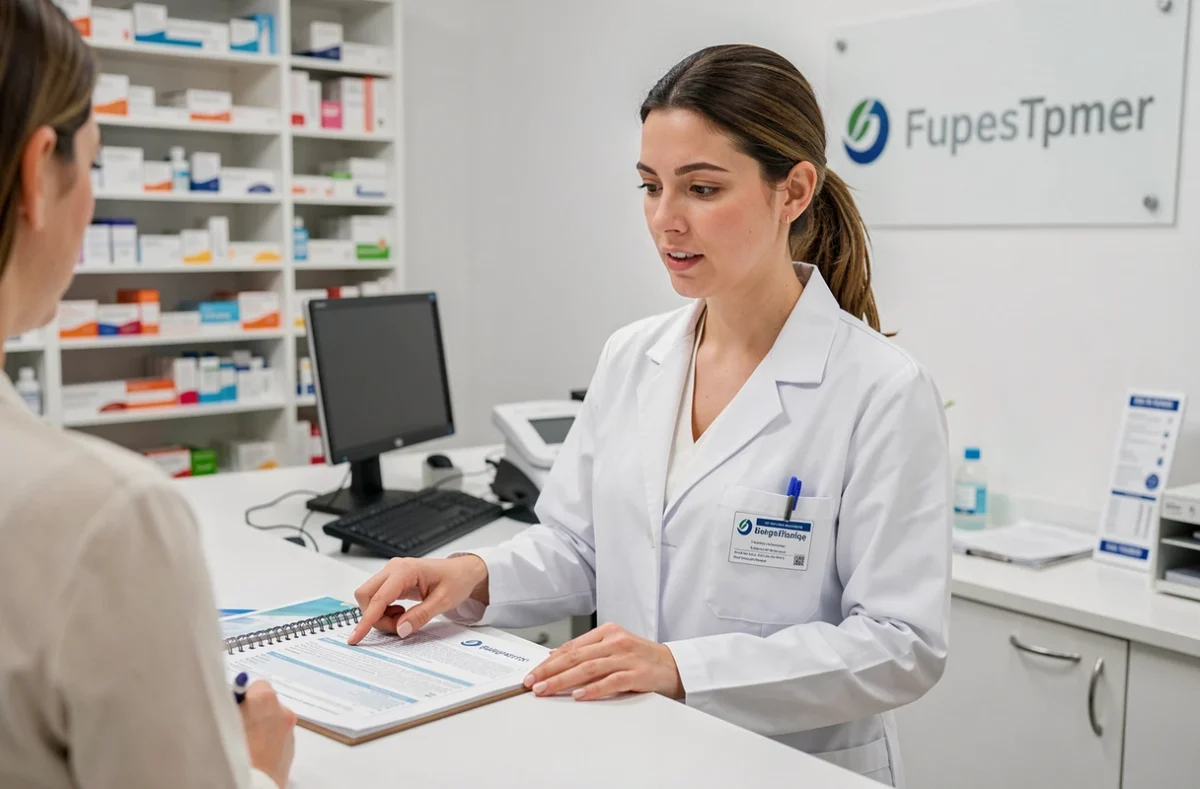 Pharmacienne expliquant les effets indésirables d'un médicament comme Indiva System à un client au comptoir d'officine