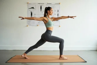 Femme en posture Guerrier II sur tapis de yoga avec tableau de référence des postures affiché au mur dans un studio minimaliste