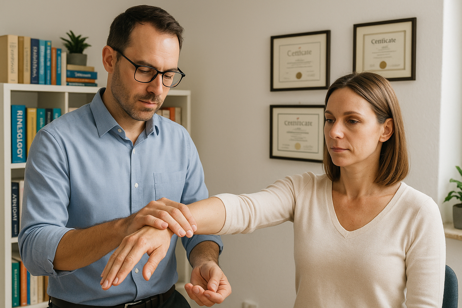 Deux professionnels pratiquant le test musculaire en cabinet