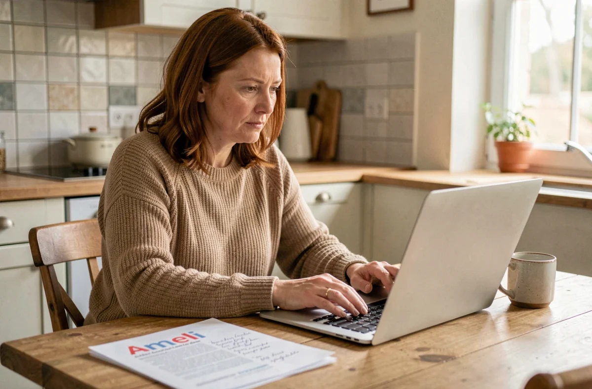 Femme préparant un recours contre un questionnaire risque professionnel Ameli depuis son domicile